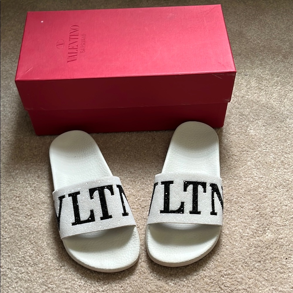 Valentino White Slides with Black VLTN Logo